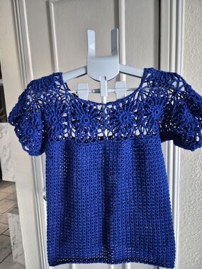 Hand-Crocheted Royal Blue Short-Sleeve Tunic Top Size M Handmade.